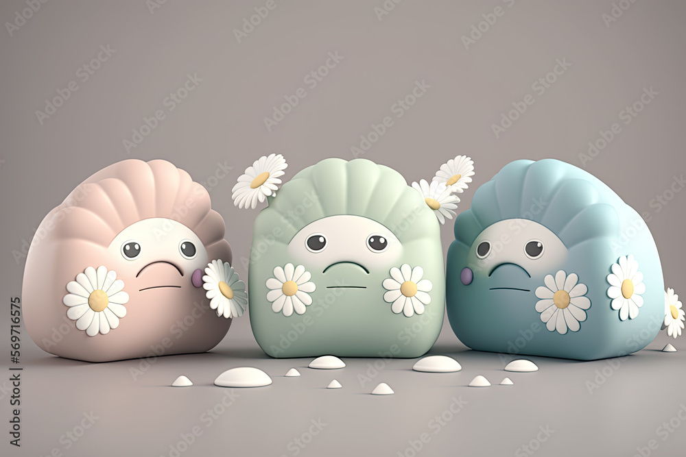 Obraz premium Funny squishy egg like 3d render characters with daisy flowers on soft pastel color neutral background, generative ai illustration
