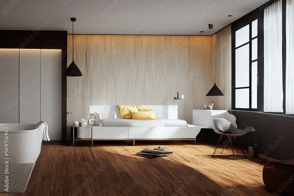 Contemporary wooden bedroom with bathtub in white and beige tones ...