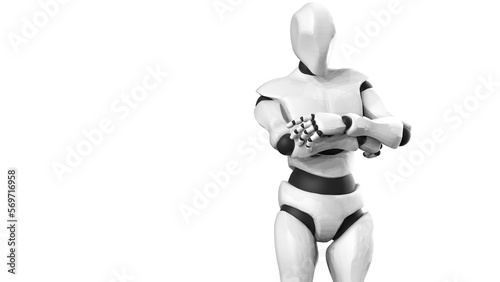 Detailed appearance of the gold-black AI robot under white background. Concept 3D CG of automatic operation  optimization and block chain. PNG file format.