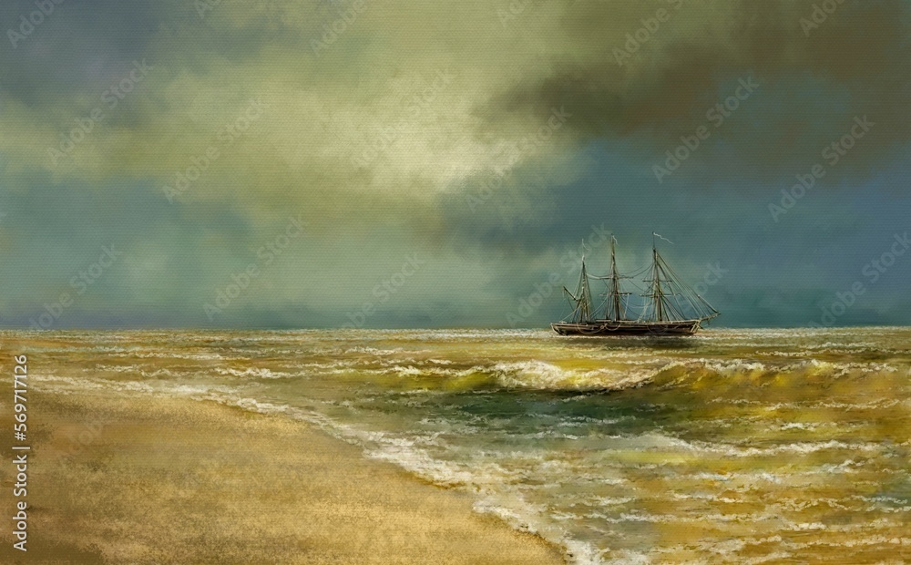 Beautiful seascape. Old fishing ship at sea, fishermen are fishing. Digital oil painting, classic painting in vibrant colors, sailing ship in the sea. Fine art, artwork.