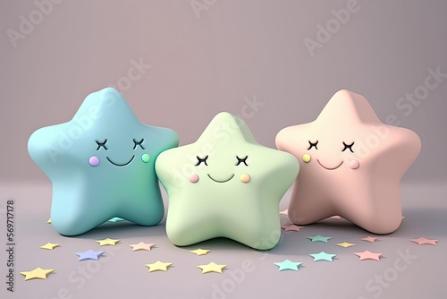 Funny smiling squishy 3d render stars with copy space, generative ai illustration with soft pastel colors