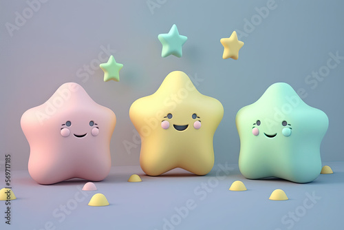 Funny smiling squishy 3d render stars with copy space, generative ai illustration with soft pastel colors photo