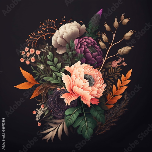 Floral composition with blossoming flowers, blooming ilustration made with generative ai, dark background photo