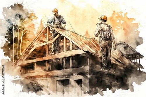 Two Workers Carpenting a Wooden House, AI Generative watercolor illustration. photo