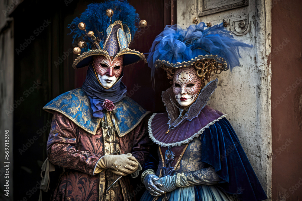Couple with the typical costume and Venetian masks, blue tones,  in the city of Venice. Beautiful clothes and makeup outside. Generative AI