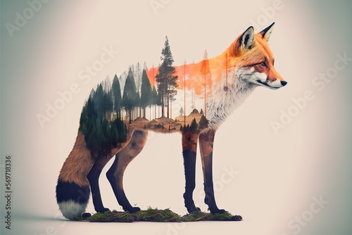 fox animals and forest fire in the style of double exposure created with Generative AI technology