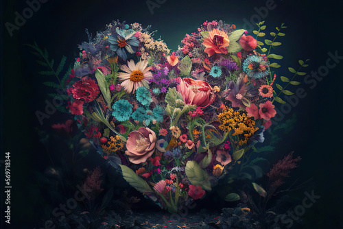 Heart of colorful flowers and leaves on a dark background, Generative AI