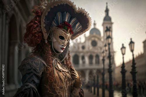 Woman with the typical costume and Venetian masks, in the city of Venice. Beautiful clothes and makeup outside. Generative AI