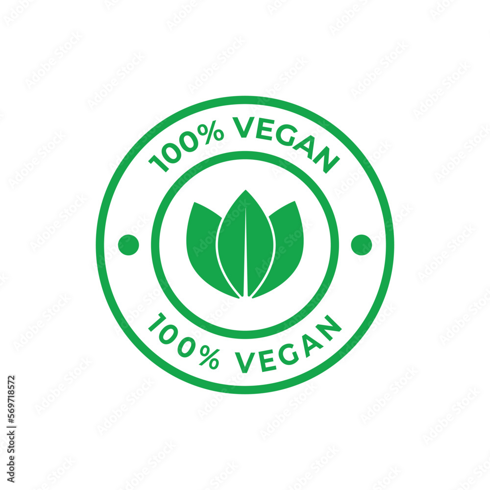 100% vegan icon vector illustration, vegan food symbol with green leaves, seal, stamp, tag, label, for medical and health packaging design