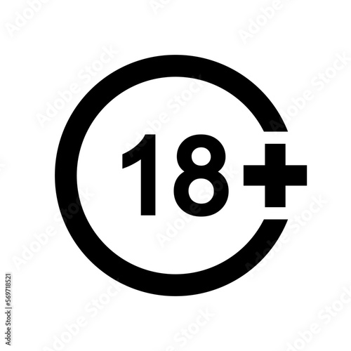 Eighteen plus icon. Number 18 in circle isolated on white background. Age censor symbol. Movie viewing or website visiting age limit label. Adult only concept