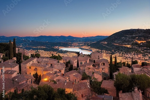 Fotografiet Saint Paul de Vence, France - medieval fortified hilltop town, view from the observation point at dusk