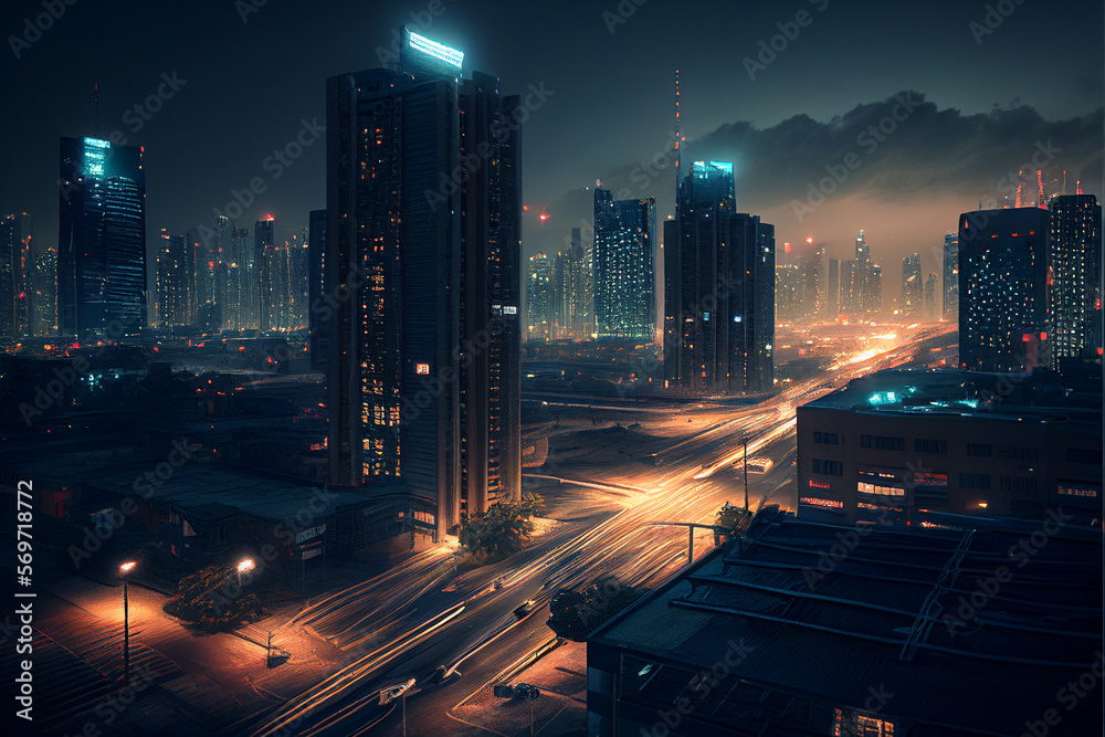 Fototapeta premium NIght city with light from road and building light trails created with Generative AI