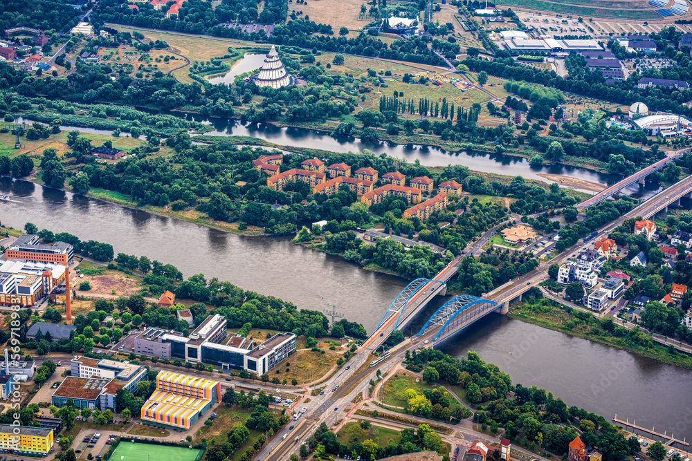 Aerial view of the city of Magdeburg with the Elbe river