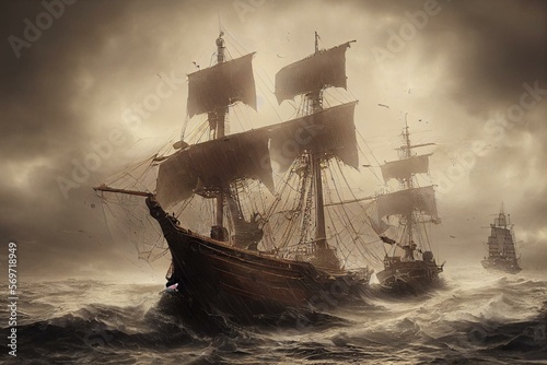 Tela Antique Ship in Storm, Vintage Pirate Boat, Generative AI Illustration