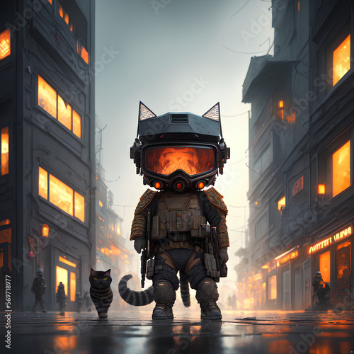 Cool single swat special ops cat with weapon. AI generated photo