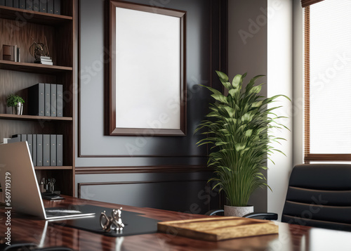 Premium frame Mockup with an interior in the style of a law firm,  business office. Frame Mockup 4x6. 3D render.  Created using generative AI tools