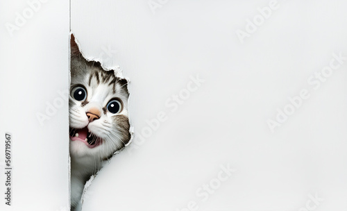 Frightened cat peeks out from behind a corner on a white background, with copy space. Generative AI photo