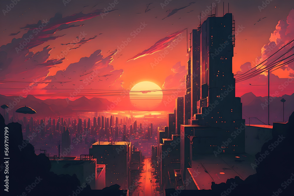 Warm Orange And Red Sunset On A Grim Gloomy But Futuristic City With