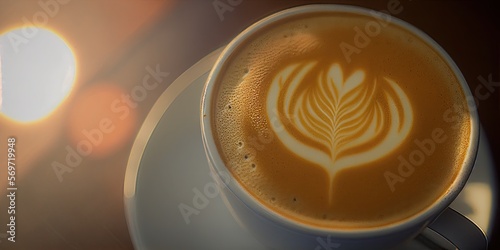 Overhead photograph of cappuccino. Decorated latte foam. Coffee cup with cream in a saucer. Hot espresso beverage in the morning.