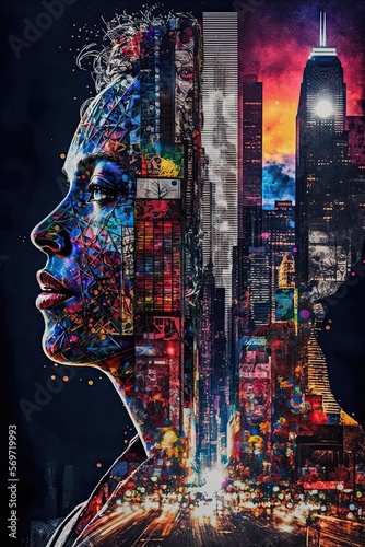 Double exposure woman's face over city skyscrapers. Abstract colorful night sky art. Street and building cityscape with profile portrait. AI generated.