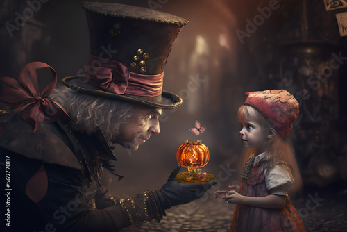 The hatter from alice in wonderland presents a gothic, unususal Alice with a pandora box of magic or a curious gift that can create all sorts of mischief photo