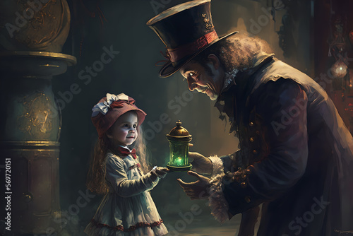 The hatter from alice in wonderland presents a gothic, unususal Alice with a pandora box of magic or a curious gift that can create all sorts of mischief photo