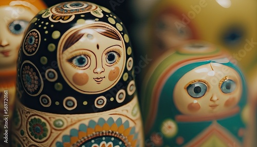 Colorful delicate detailed Russian dolls. Painted wood nesting dolls. Traditional toys. Intricate craft.