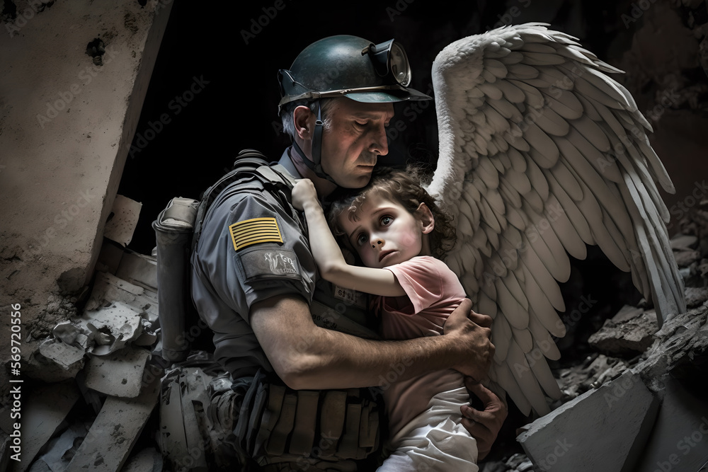 Φωτογραφία Hero search and rescue team, soldiers, police and firemen save an angel child fr