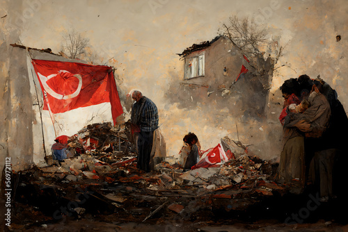 Fotografia Despair and hurt, people crying after the earthquake in Turkey, families distraught, pain and suffering in the rubble on the streets in collapsed buildings