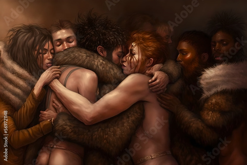 A beautiful AI painting of a loving orgy of many men and women, all hugging and embracing each other at the same time, shirtless or naked, connected both physically and emotionally, sensual and sexual photo