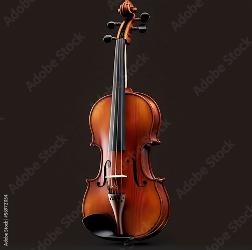 This photo captures a full-front view of a beautiful brown violin standing up straight