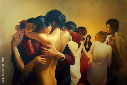 A beautiful AI painting of a loving orgy of many men and women, all hugging and embracing each other at the same time, shirtless or naked, connected both physically and emotionally, sensual and sexual