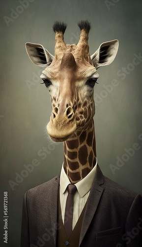 Portrait of a Giraffe in a Business Suit, Ready for Action. GENERATED AI.