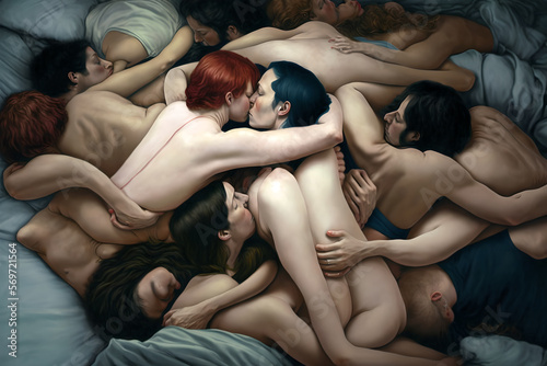 A beautiful AI painting of a loving orgy of many men and women, all hugging and embracing each other at the same time, shirtless or naked, connected both physically and emotionally, sensual and sexual