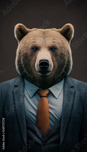 Portrait of a Grizzly Bear in a Business Suit, Ready for Action. GENERATED AI.