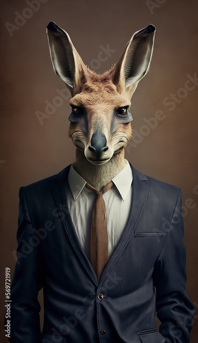 Portrait of a Kangaroo in a Business Suit, Ready for Action. GENERATED AI.