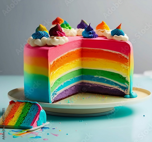 A beautiful, multicolored rainbow cake displayed on a plate, with a sliced piece on the table