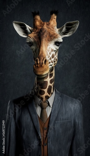 Portrait of a Giraffe in a Business Suit, Ready for Action. GENERATED AI.
