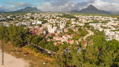Aerial view of mountains and trees from Flic en Flac Beach, Mauritius Island