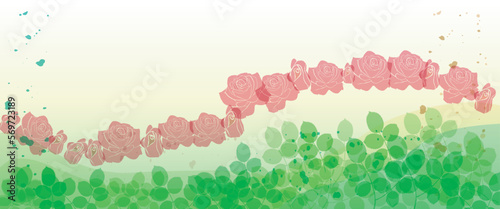 Abstract red roses and green leaves. Elements in pastel color tones with shapes and ink splashes background. illustration for wallpaper, poster, banner card, print, web and packaging.
