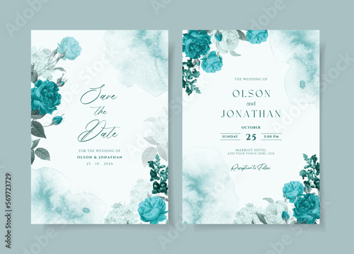 Leinwand Poster Watercolor wedding invitation template set with romantic teal floral and leaves