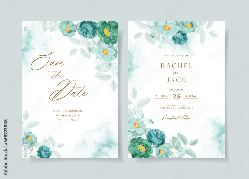 Watercolor wedding invitation template set with romantic floral and leaves decoration