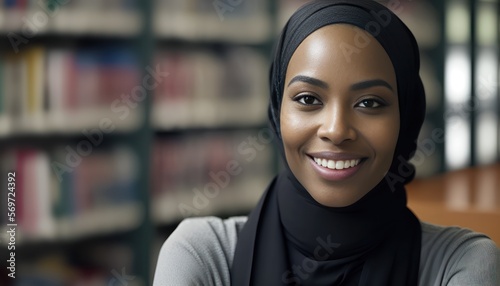 Smiling young college female student wearing a hijab looking at the camera. generative AI