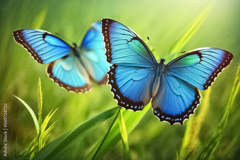Two blue butterflies Morpho menelaus flying over meadow grass. Beautiful blurred spring flower nature background. generative AI
Two blue butterflies Morpho menelaus flying over meadow grass. Beautiful blurred spring flower nature background. generative AI
