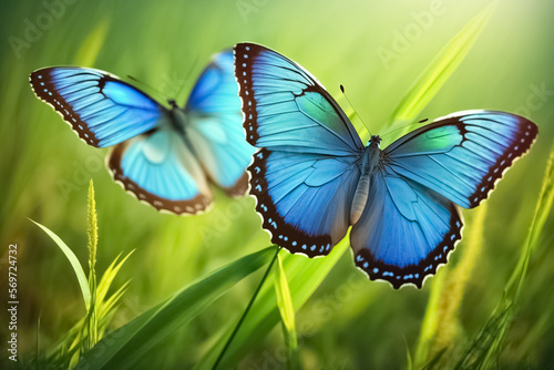 Two blue butterflies Morpho menelaus flying over meadow grass. Beautiful blurred spring flower nature background. generative AI

 photo