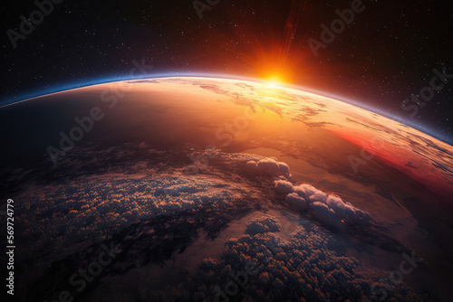 Vibrant sunrise illuminating Earth from space, generative ai