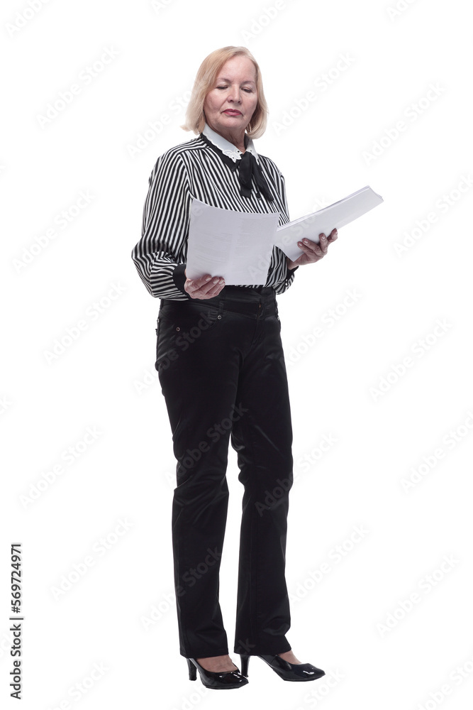 in full growth. Executive business woman with documents in full growth. Executive business woman with documents