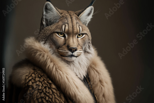 lynx wearing fur coat. Concept of eco friendly and cruelty free fashion. It is not right to make animal suufer concept. Created with Generative AI technology.