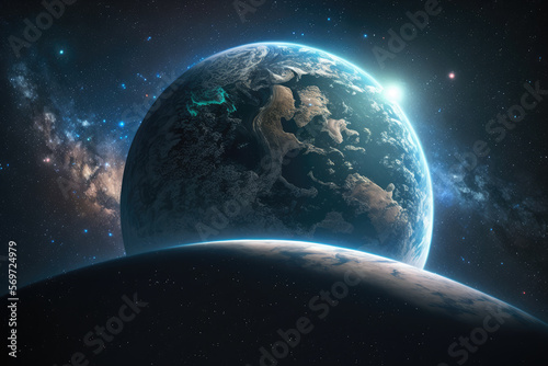 An angled view of earth showing its curvature and surrounding stars, generative ai