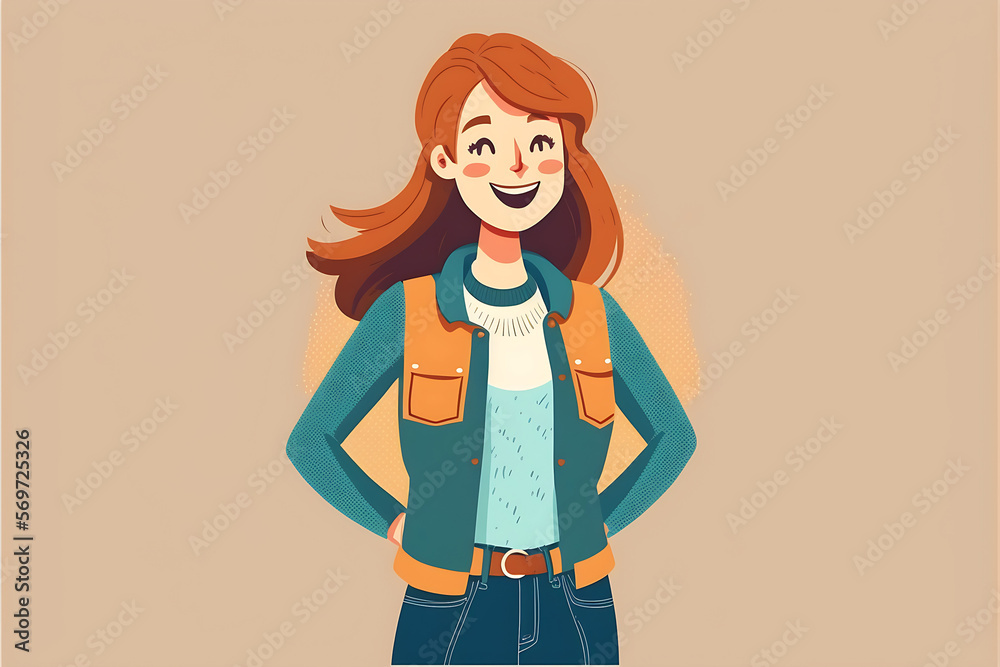 Flat vector illustration Happy young woman standing in vest and jeans smiling at camera Flat vector illustration Happy young woman standing in vest and jeans smiling at camera